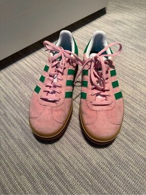 adidas Pink Suede Sneakers with Green Stripes and Gum Sole
